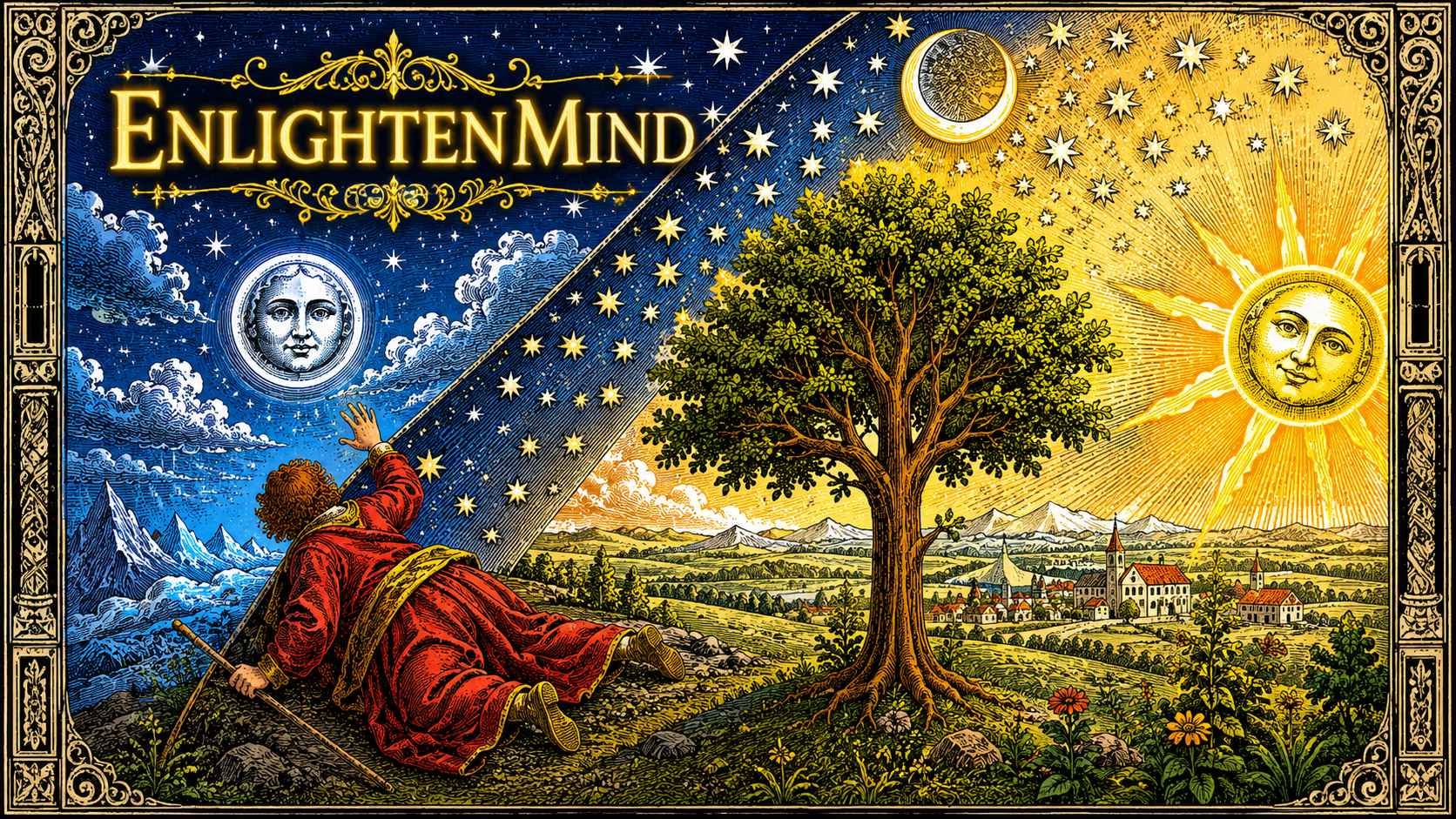 EnlightenMind — the Seeker reaching toward Moon and Sun